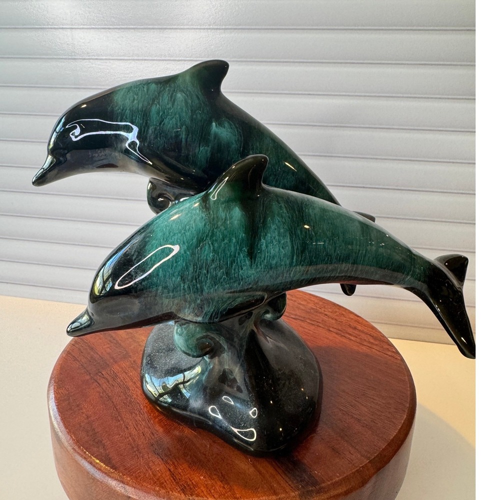 Vintage Blue Mountain Pottery Dolphin Figurine Green Black‎ Drip Glaze Canada